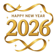 Happy New Year 2026 illustration with golden ribbon