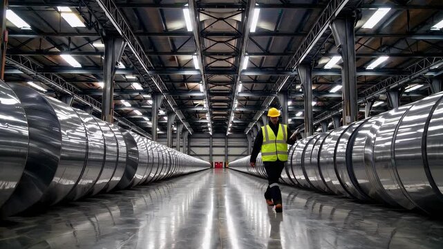 rows of giant steel coils inside a large metal factory, industrial hall with high ceiling and steel beams