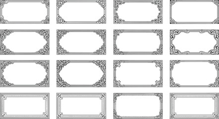 Ornate rectangular frame grid, vintage certificate borders, floral scrollwork embellishments, elegant invitation templates, classic graphic design elements, artistic resources