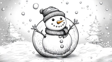 A cheerful snowman, drawn in pencil, enjoys a snowy winter scene.  Detailed with a warm hat, scarf, and buttons. Snowflakes fall around him
