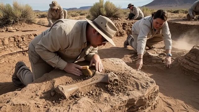 Paleontologists excavating ancient fossils in a desert landscape revealing skeletal remains