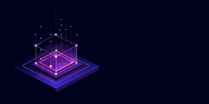 Isometric glowing cube structure with neon lines on a dark background