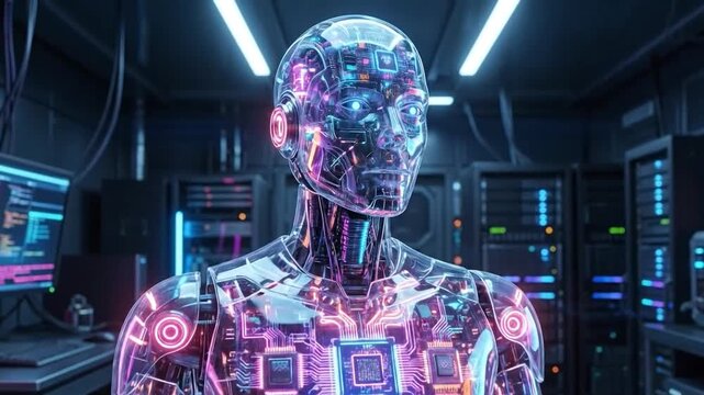 A transparent robot stands in a server room with glowing lights.