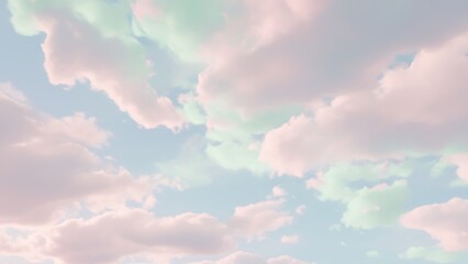 A serene sky with pastel pink and green clouds on a blue background