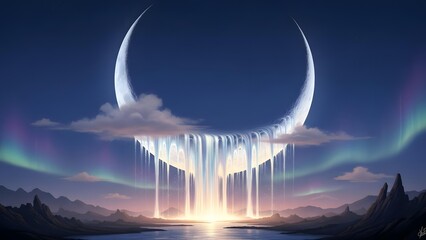 A surreal fantasy scene of a glowing crescent moon melting into a luminous waterfall, surrounded by aurora lights and a mystical night landscape, symbolizing transformation, serenity, and imagination