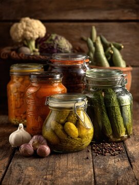 preserved vegetables in glass jars with seamer on a wooden background no logos no brands ar 34