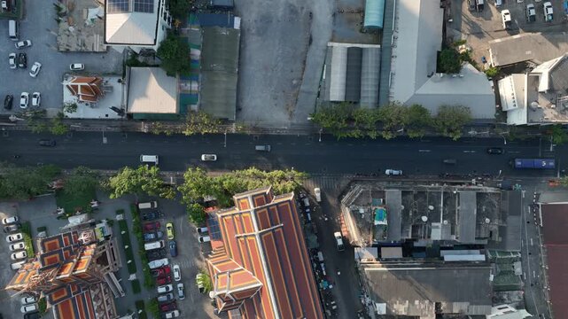 sunny evening bangkok city traffic street aerial topdown panorama 4k thailand 