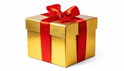 Fototapeta premium Elegant Golden Gift Box with Red Ribbon and Bow.