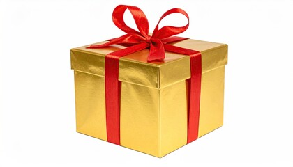 Obraz premium Elegant Golden Gift Box with Red Ribbon and Bow Isolated on White Background.