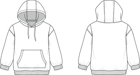 Hoodie, sweatshirt, fashion sketch, technical drawing, front view, back view, kangaroo pocket, drawstring hood, ribbed cuffs, ribbed hem, garment design, apparel illustration, 