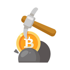 Bitcoin mining with a pickaxe concept, ideal for content related to crypto mining operations, blockchain technology, digital wealth creation, financial technology, and the search for digital assets.