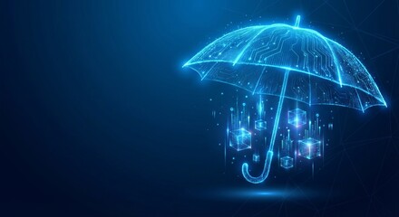 Digital circuit umbrella protecting glowing data cubes from threats in a dark blue cyberspace background