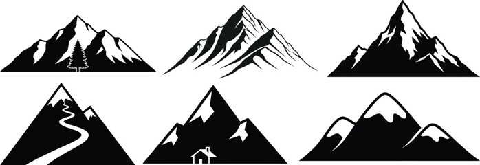Fototapeta premium Collection of six black and white mountain silhouettes