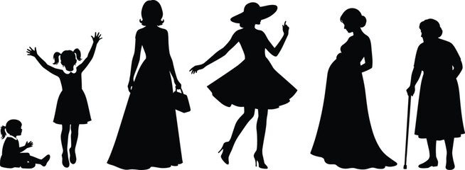 Female life stages silhouette vector, childhood to old age progression, black figure illustration, generational woman concept, aging timeline design, stock artwork