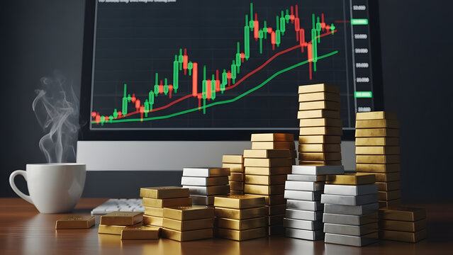 Gold and silver bars on desk with stock market chart on computer screen