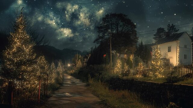 A quiet pathway is illuminated by decorative lights from trees lining the sides. A modest house stands nearby, also adorned with lights. The sky is filled with stars, enhancing the nighttime scene.