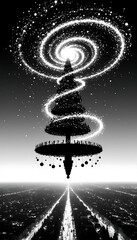 Obraz premium A surreal, layered black-and-white scene featuring a giant Christmas tree silhouette hovering over a city, surrounded by swirls of light trails and decorations. A high-contrast digital illustration.