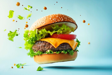 Juicy cheeseburger with floating ingredients like lettuce, tomato, cheese, and bun on blue background, creative food photography showing freshness and taste.