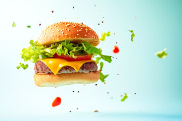 Juicy cheeseburger with floating ingredients like lettuce, tomato, cheese, and bun on blue background, creative food photography showing freshness and taste.