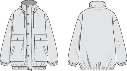 Technical sketch of hooded jacket, front and back view, flap pockets, slit pockets, ribbed hem, button placket, fashion illustration