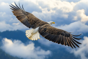 Obraz premium Majestic bald eagle soaring high above clouds at sunrise, symbol of freedom, strength, and determination, wildlife photography in natural golden light.