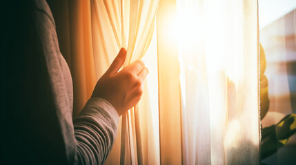 Person opening light curtains in warm morning sunlight, cozy indoor moment symbolizing new beginnings, peace, and positive lifestyle at home.