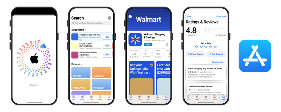Apple App Store iPhone Interface Screens on iPhone Device with App Store UI, App Store Search, App Store Ratings and Reviews
Modern App Store Mobile UI Design on iPhone Showing App Store Pages