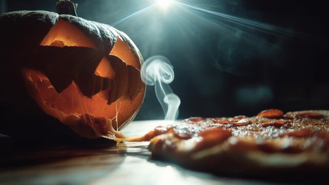 A jack-o'-lantern with a carved face sits on a table, its interior lit, spilling cheese and toppings resembling pizza. The setting has a dim ambiance, and a beam of light enhances the scene&rsquo;s quirky