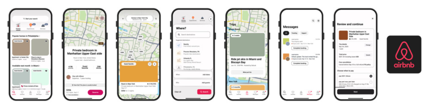 Airbnb iPhone App UI Carousel Screens with Maps, Listings, Trips and Messages
Modern Airbnb Mobile Interface Design on iPhone for Travel Booking Experience