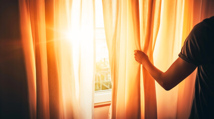 Person opening light curtains in warm morning sunlight, cozy indoor moment symbolizing new beginnings, peace, and positive lifestyle at home.