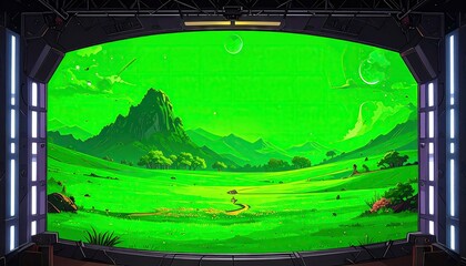 Vibrant digital screen displaying a fantastical green mountain landscape with a winding path.