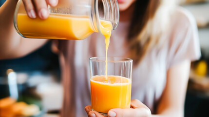 Woman smiling while pouring fresh orange juice into a glass, healthy morning drink concept with natural light and warm kitchen atmosphere.