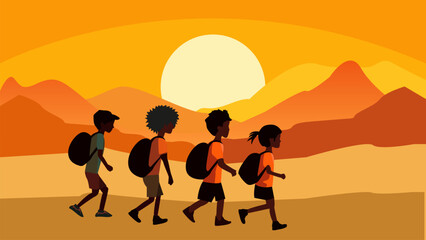 Children hiking at sunset landscape