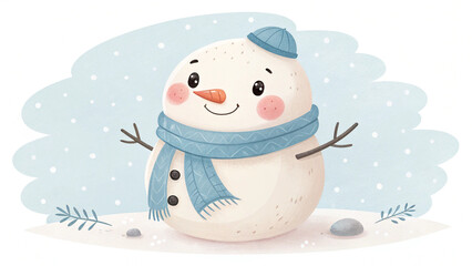 Chubby baby snowman with blush cheeks, short arms, soft blue scarf, pastel tones, extra-cute flat vector style