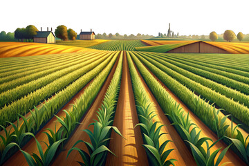 Endless Midwestern cornfields stretch across flat farmland with organized crop rows, open skies, and fertile soil representing the agricultural heartland of the United States © Evan