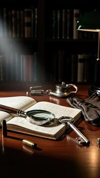 Darkened vintage desk, magnifying glass, ancient key, writing instrument, spent bullets, leather gloves, open book. Critical items for intense criminal investigation