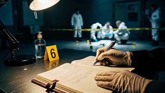 Gloved detective hand records crucial evidence notes under desk lamp light, police investigators examine a deceased body at a dark criminal investigation scene.
