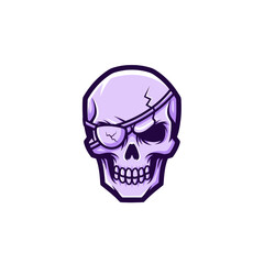 Stylized purple skull illustration featuring an eyepatch and subtle cracks for