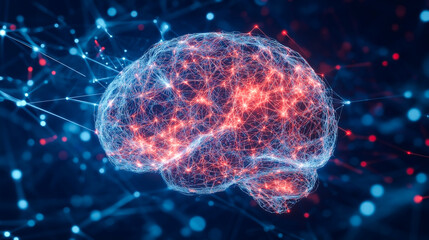 Futuristic digital brain made of glowing blue lines and neural connections, artificial intelligence and data network concept.