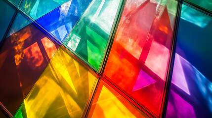 Geometric close-up of bright glass surfaces reflecting rainbow colors. Ideal for abstract art, design, or vibrant background themes.