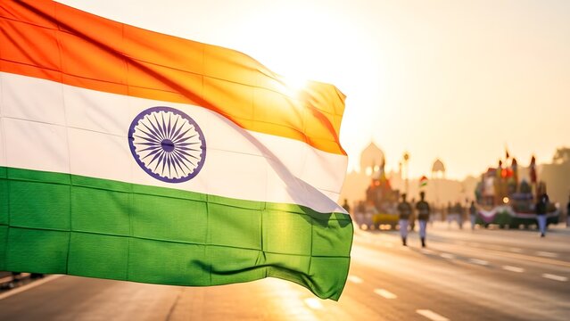 Massive Indian Flag Waving Close-up with Republic Day Parade Backdrop