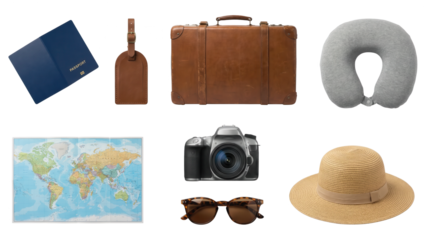 Travel Essentials Still Life: Suitcase, Camera, Passport and More