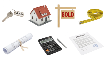Real Estate Concept: House Model, Key, Sold Sign, and Contract