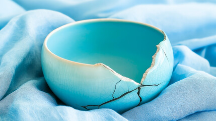 Broken turquoise ceramic bowl on soft blue fabric, symbol of imperfection, fragility, and emotional healing.
