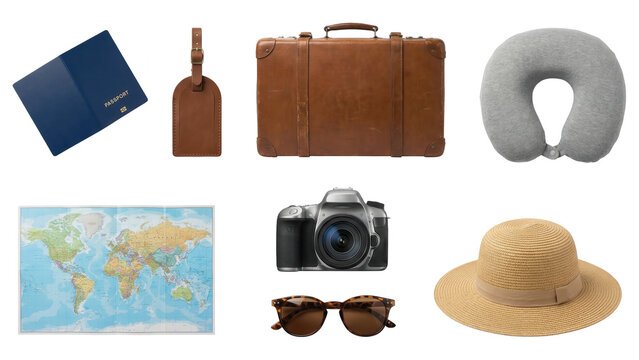Travel Essentials Still Life: Suitcase, Camera, Passport and More