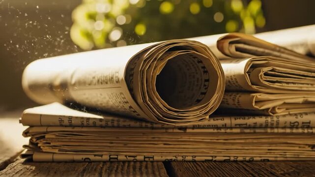 Stack of old rolled newspapers on a rustic wooden table