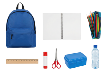 Back to School Supplies: Backpack, Notebook, and Essentials on White