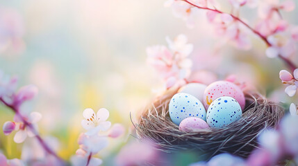 Colorful pastel Easter eggs in a straw nest surrounded by blooming spring flowers on bright background, cheerful holiday decoration and seasonal celebration theme.
