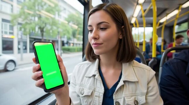 Young woman hold use green screen phone sitting in bus touch telephone public communication vertical smartphone adult finger chroma urban cellphone application digital scrolling slow motion