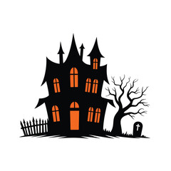 Spooky haunted house illustration with a graveyard and bare tree